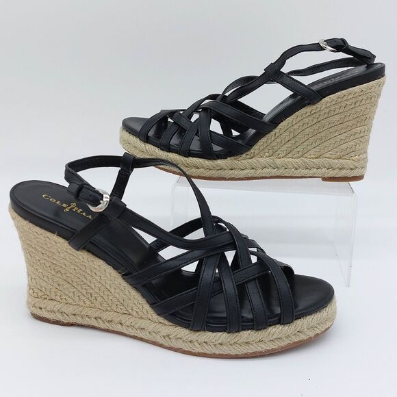 Cole Haan Womens Meadow Sandals Size 9B Black Strappy Slingback Wedge Espadrille - Picture 2 of 10